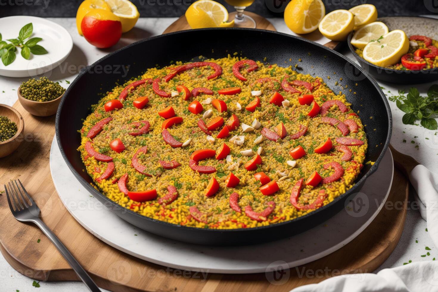 Paëlla, traditionnel Espagnol plat fabriqué avec riz, poulet et légumes, servi dans une poêle. Paëlla avec Fruit de mer. Espagnol cuisine. génératif ai photo