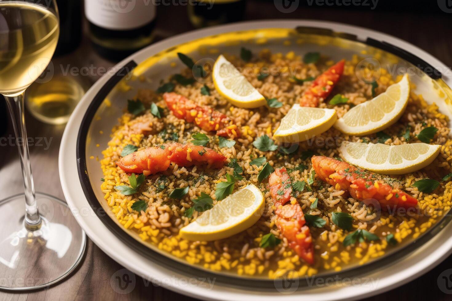 Paëlla, traditionnel Espagnol plat fabriqué avec riz, poulet et légumes, servi dans une poêle. Paëlla avec Fruit de mer. Espagnol cuisine. génératif ai photo