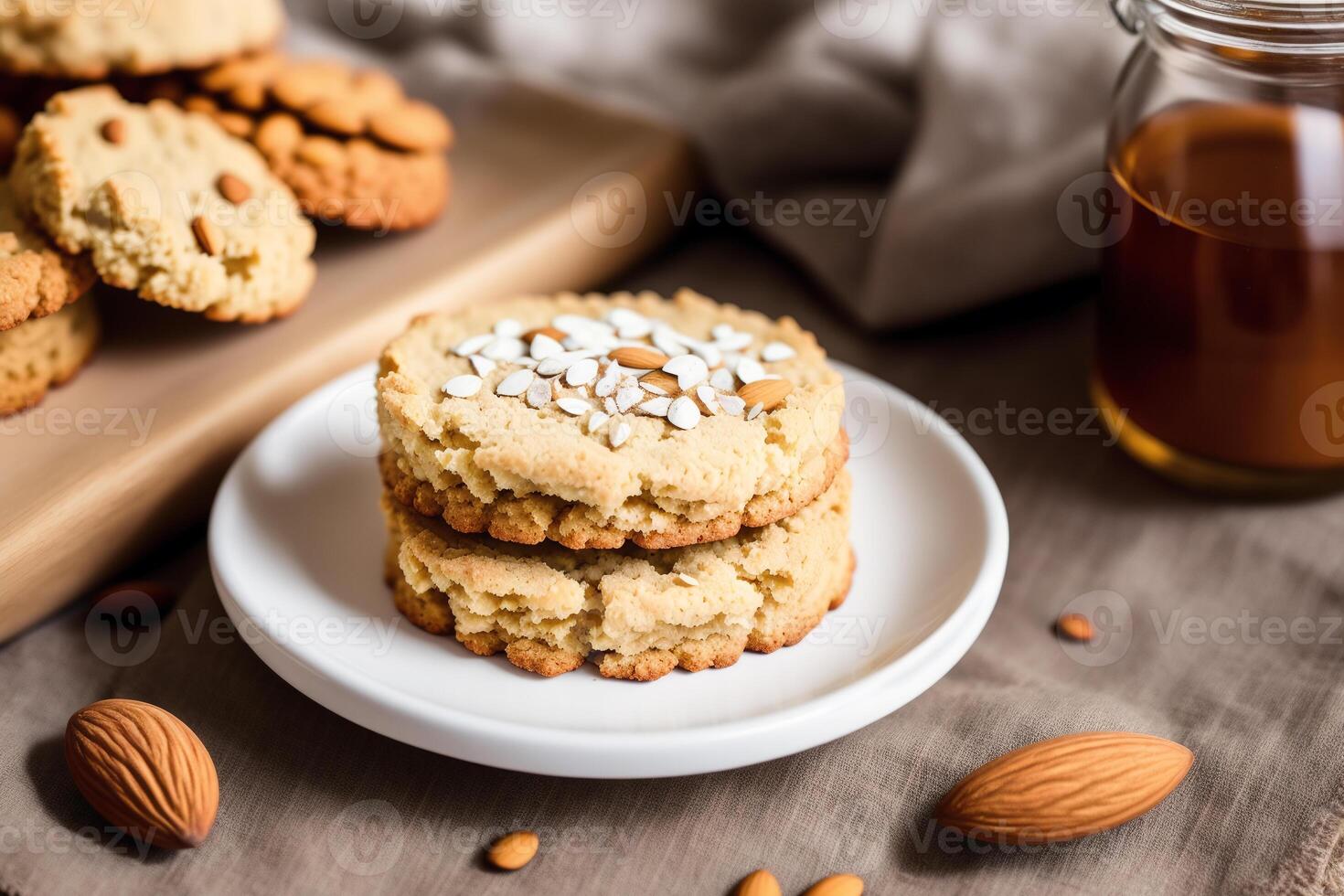 fait maison flocons d'avoine biscuits avec amandes sur une en bois Contexte. génératif ai photo