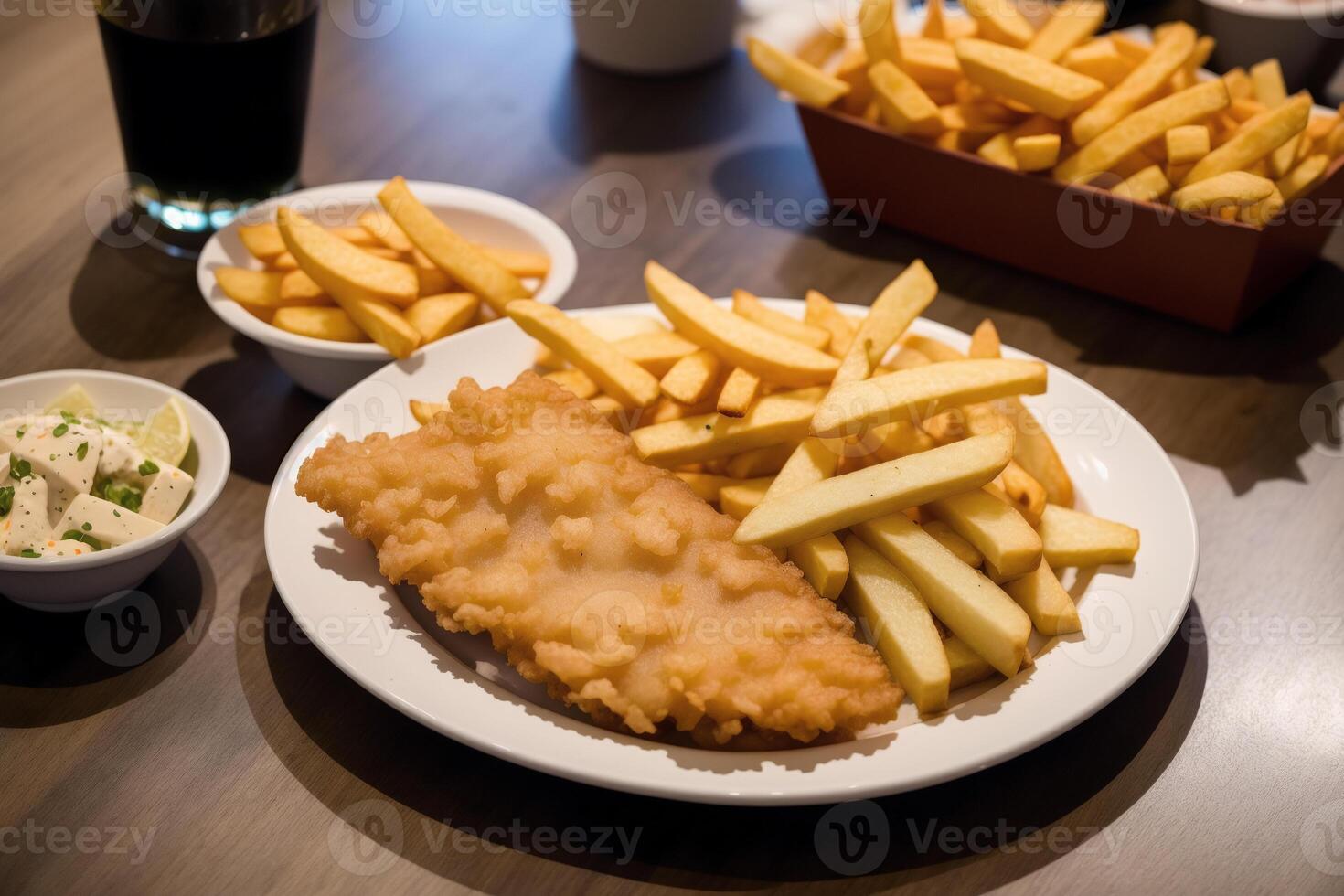 une assiette de poisson et frites avec une bouteille de ketchup dans le Contexte. génératif ai photo