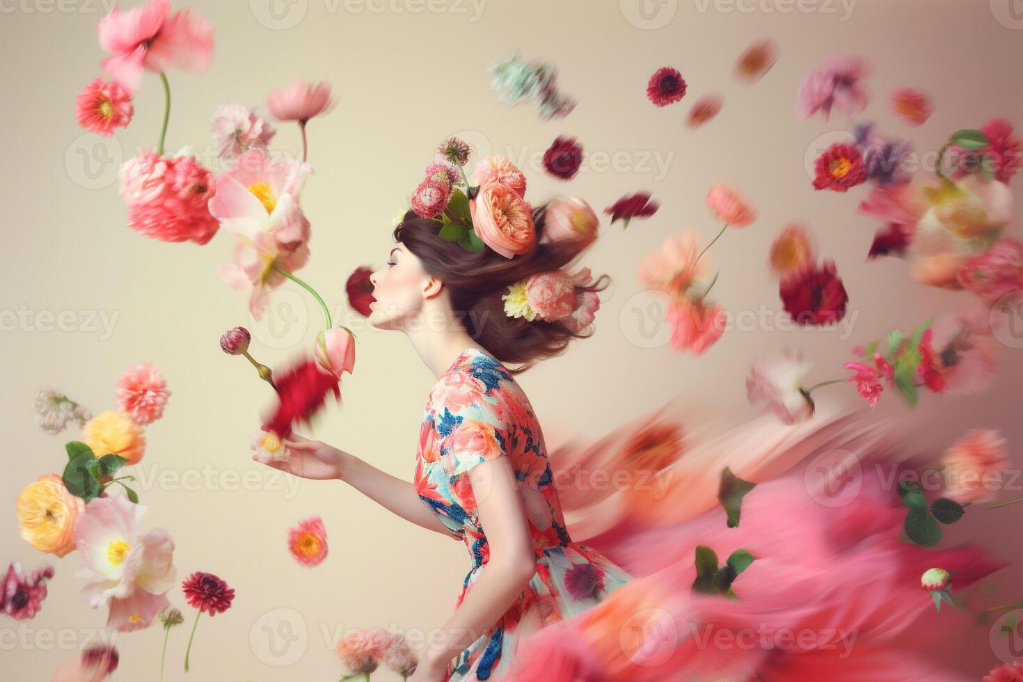 ai généré femme avec fleurs, printemps concept photo