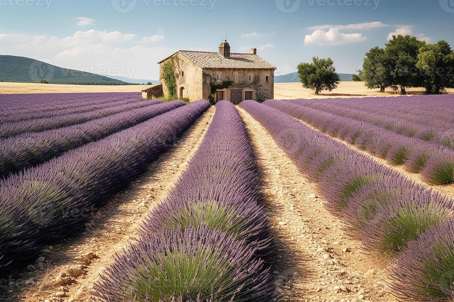 lavande paysage dans le style de Provence. manucuré Lignes de lavande à le coucher du soleil. génératif ai photo