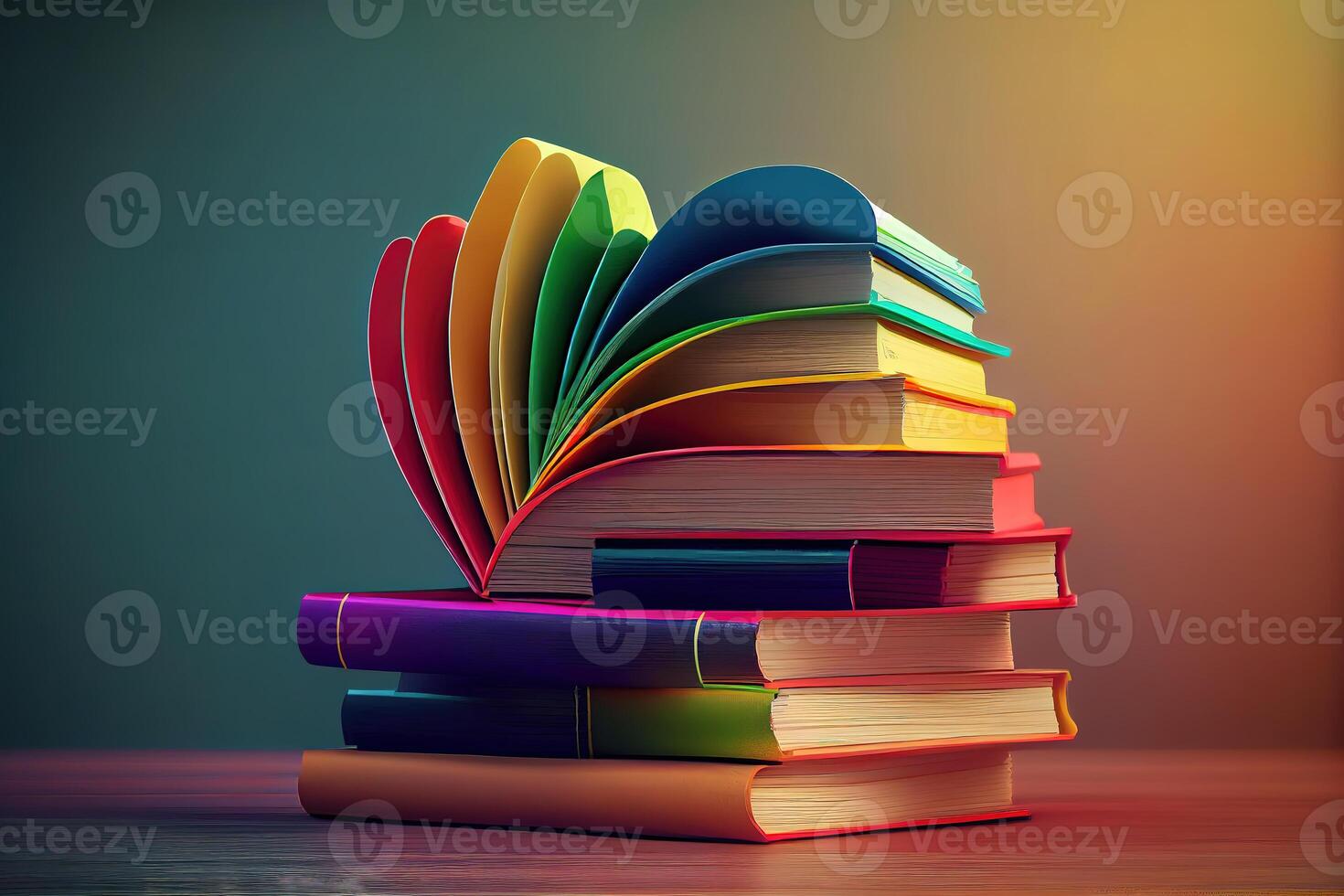 empiler de livres dans le coloré couverture dans le forme de une cœur. génératif ai photo
