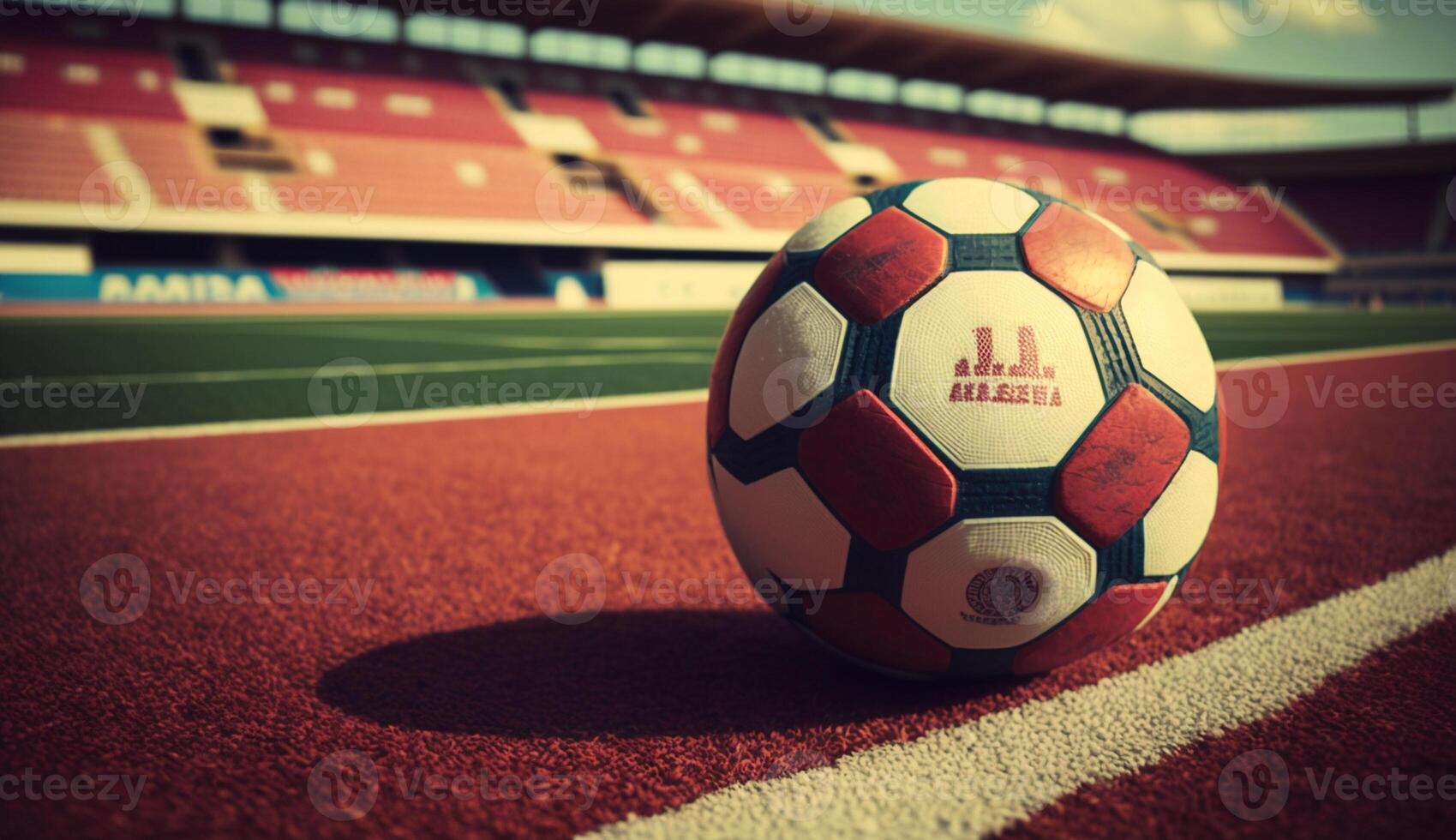 réaliste illustration de une football Balle avec une grand football stade dans le arrière-plan, génératif ai photo