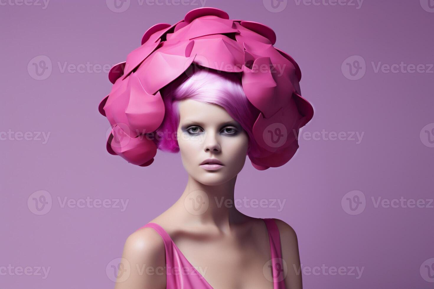 ai généré femme avec rose cheveux. futuriste style photo