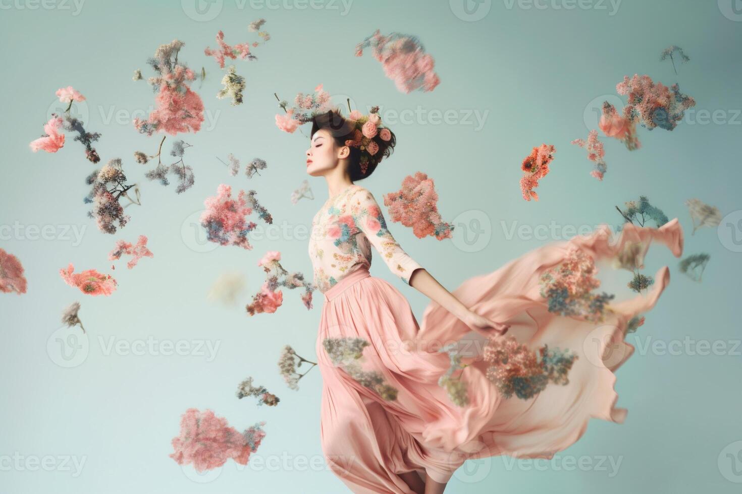 ai généré femme avec fleurs, printemps concept photo