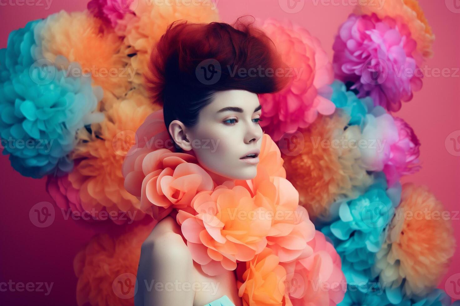 ai généré femme avec coloré fleurs, printemps concept photo