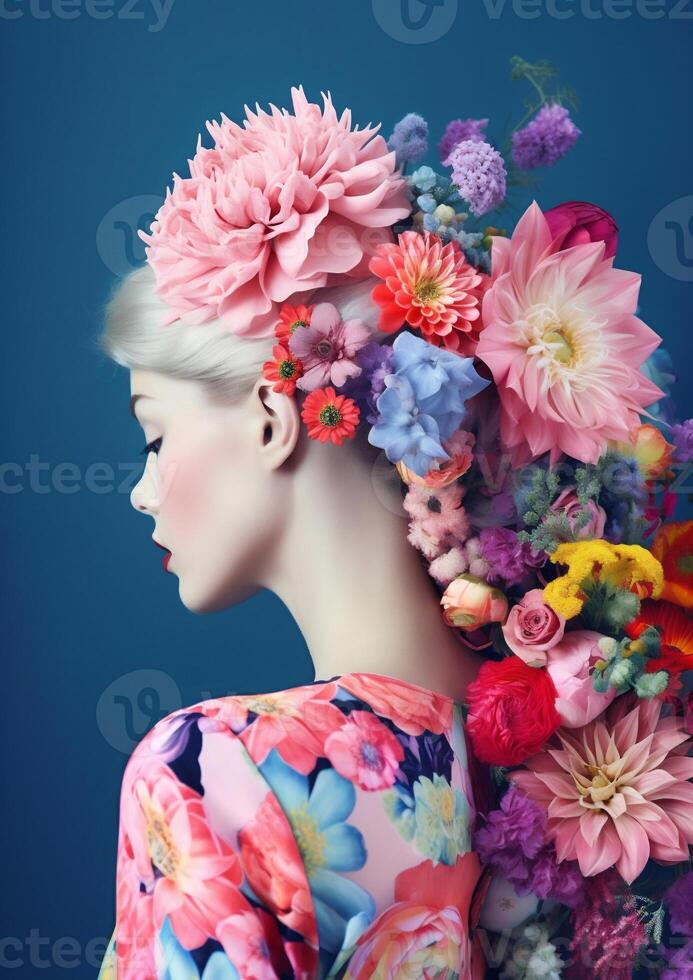 ai généré femme avec coloré fleurs, printemps concept photo