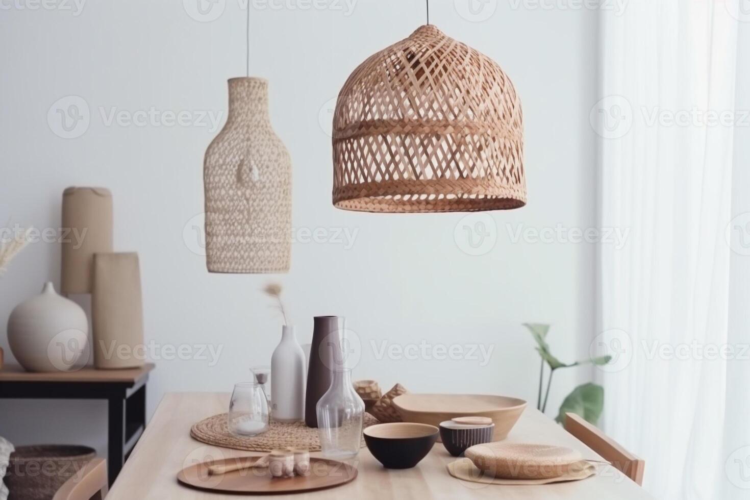 ai généré à l'intérieur boho style à manger pièce photo