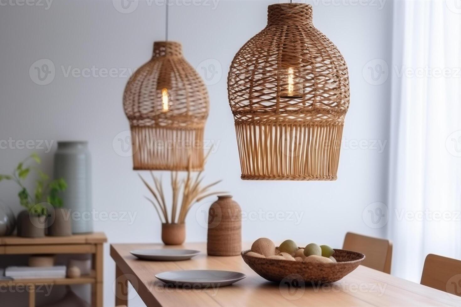 ai généré à l'intérieur boho style à manger pièce photo