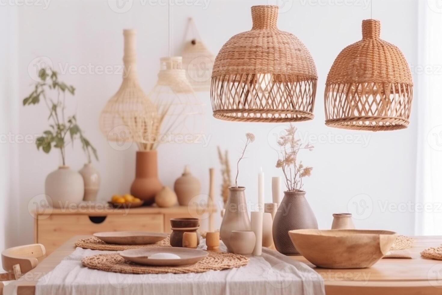 ai généré à l'intérieur boho style à manger pièce photo