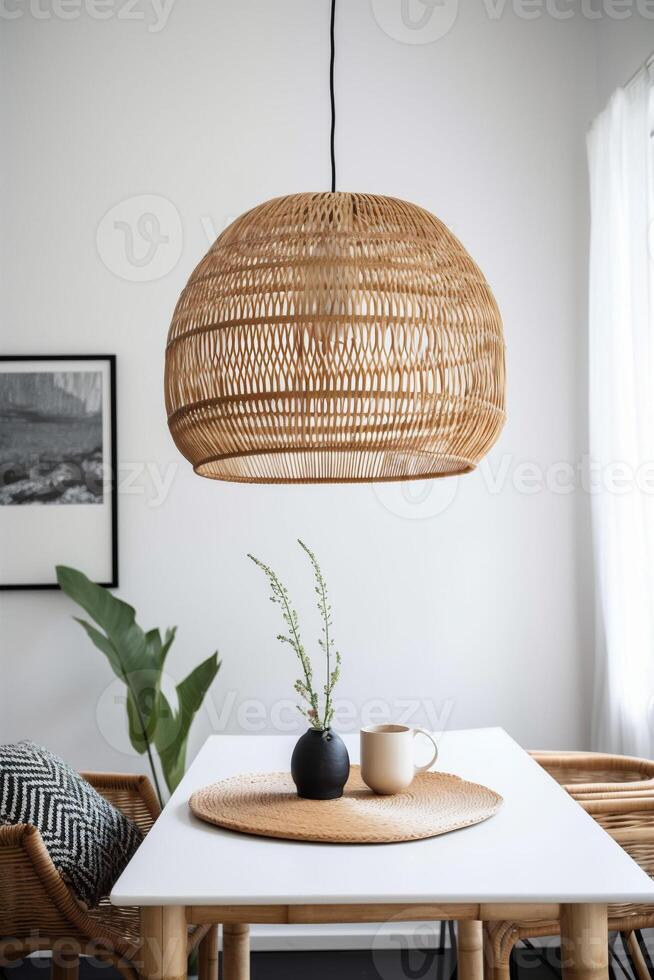 ai généré à l'intérieur boho style à manger pièce photo