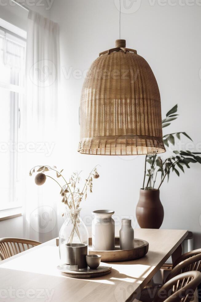 ai généré à l'intérieur boho style à manger pièce photo