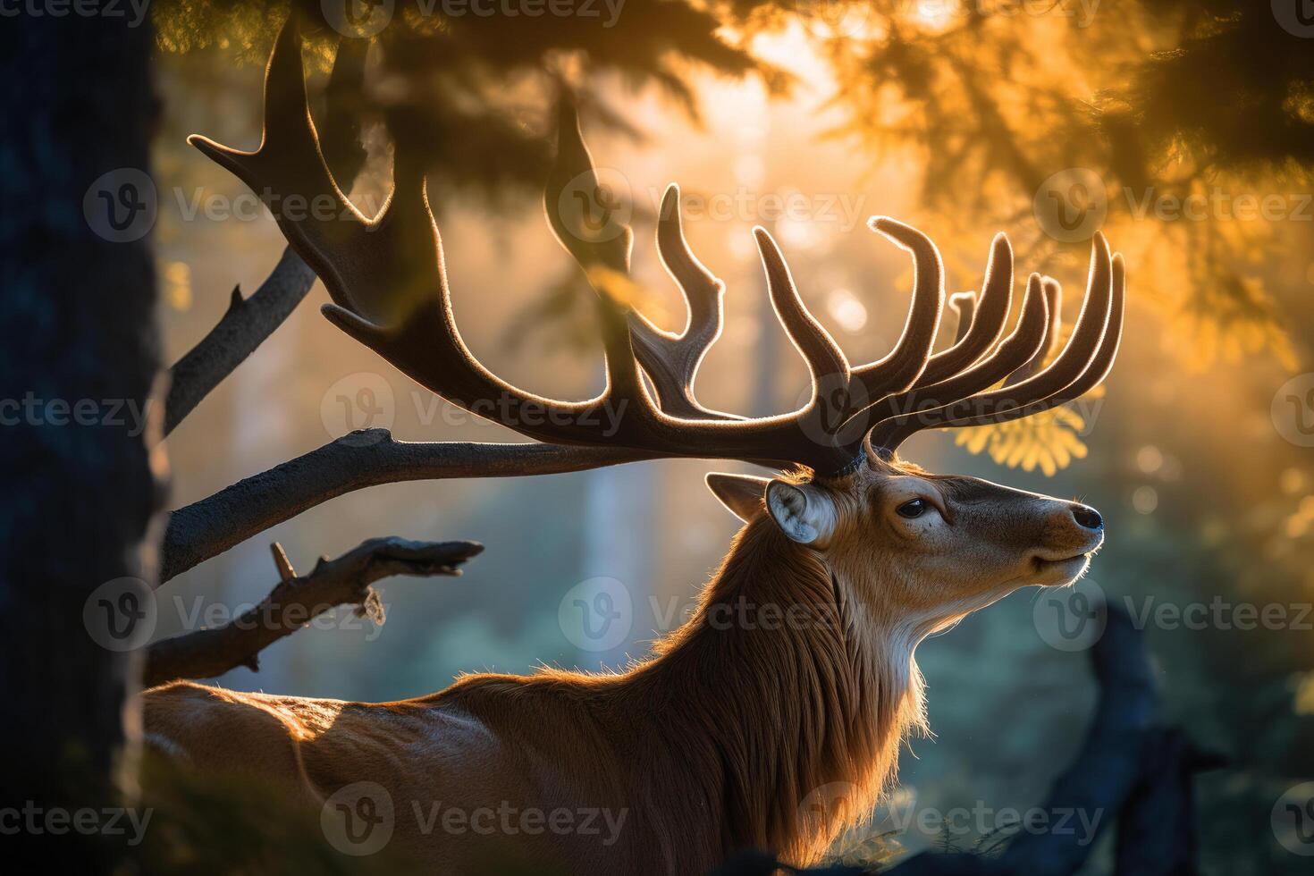 une majestueux cerf avec bois permanent fièrement dans le forêt à aube. ai généré photo