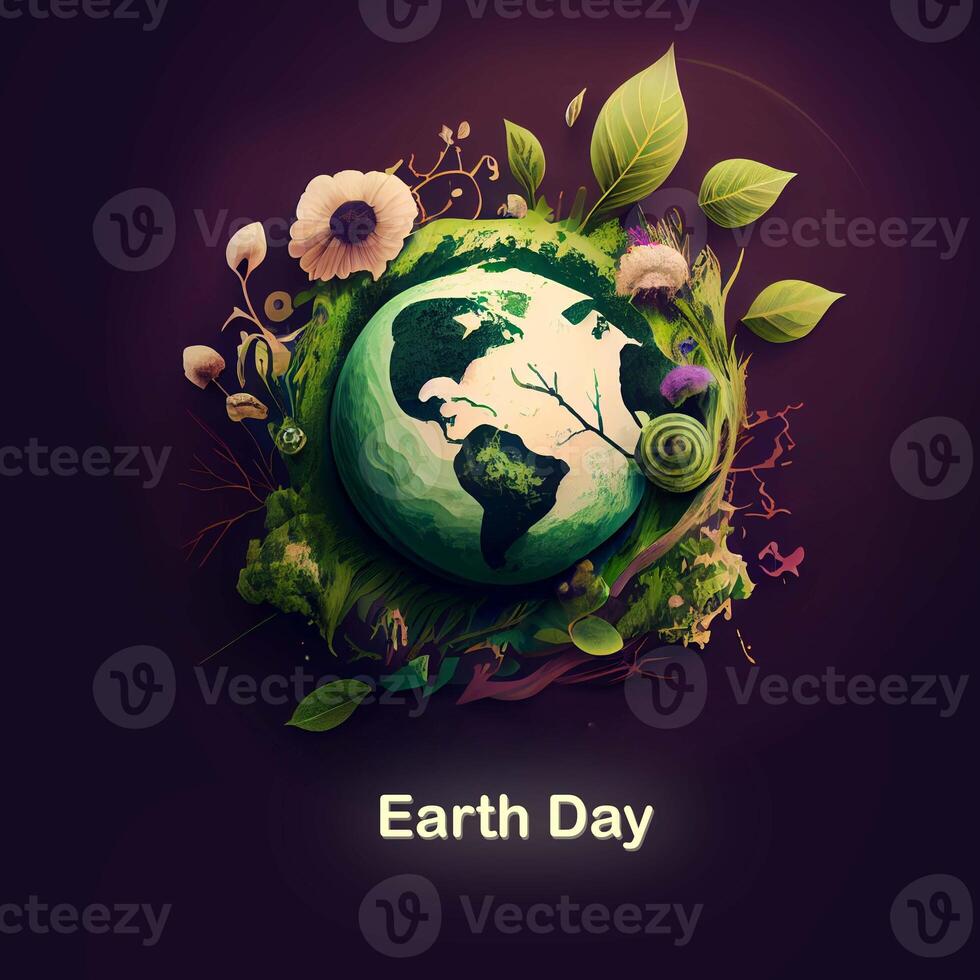 Terre journée concept. Terre journée illustration avec planète et vert feuille. là sont des endroits pour votre texte. génératif ai. photo