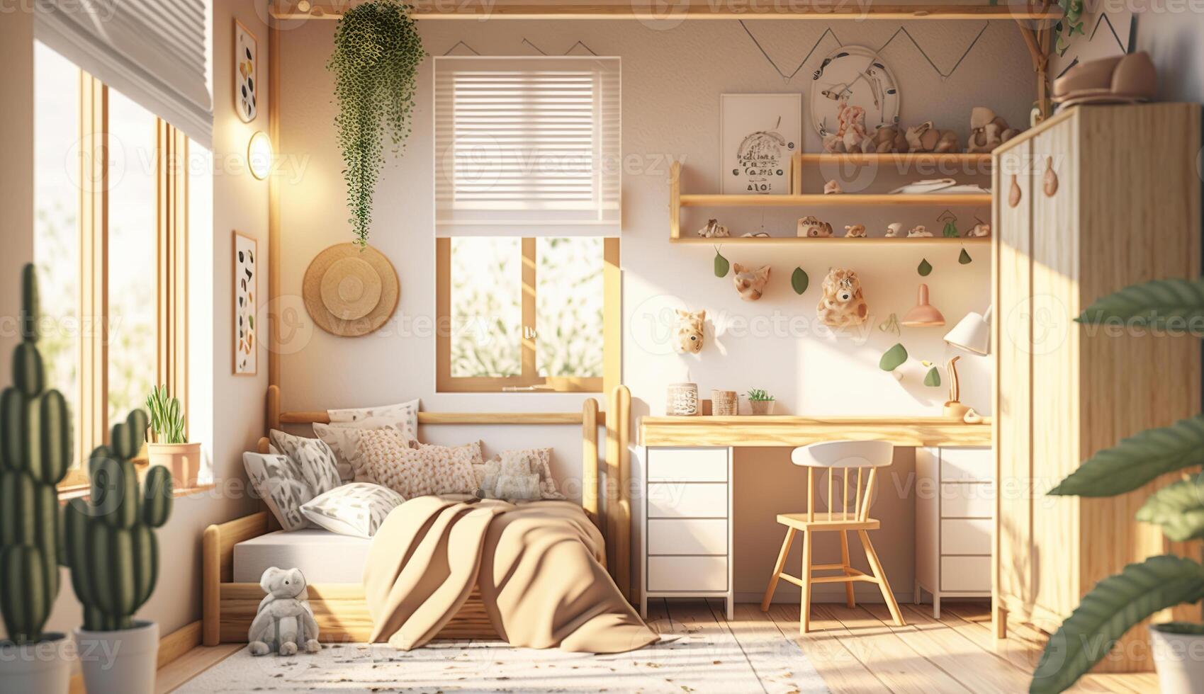 naturel, brillant des gamins chambre intérieur avec en bois meubles, designer accessoires et affiches sur une blanc mur, génératif ai photo