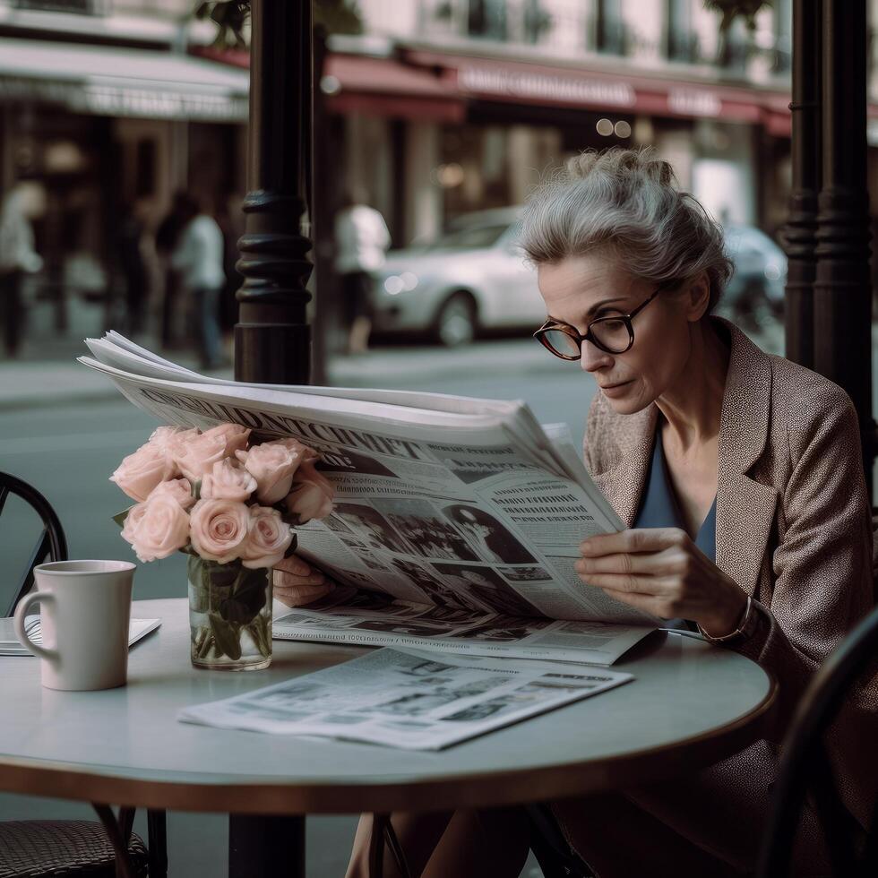 élégant vieux Dame avec fleurs sur café table dans Paris génératif ai photo