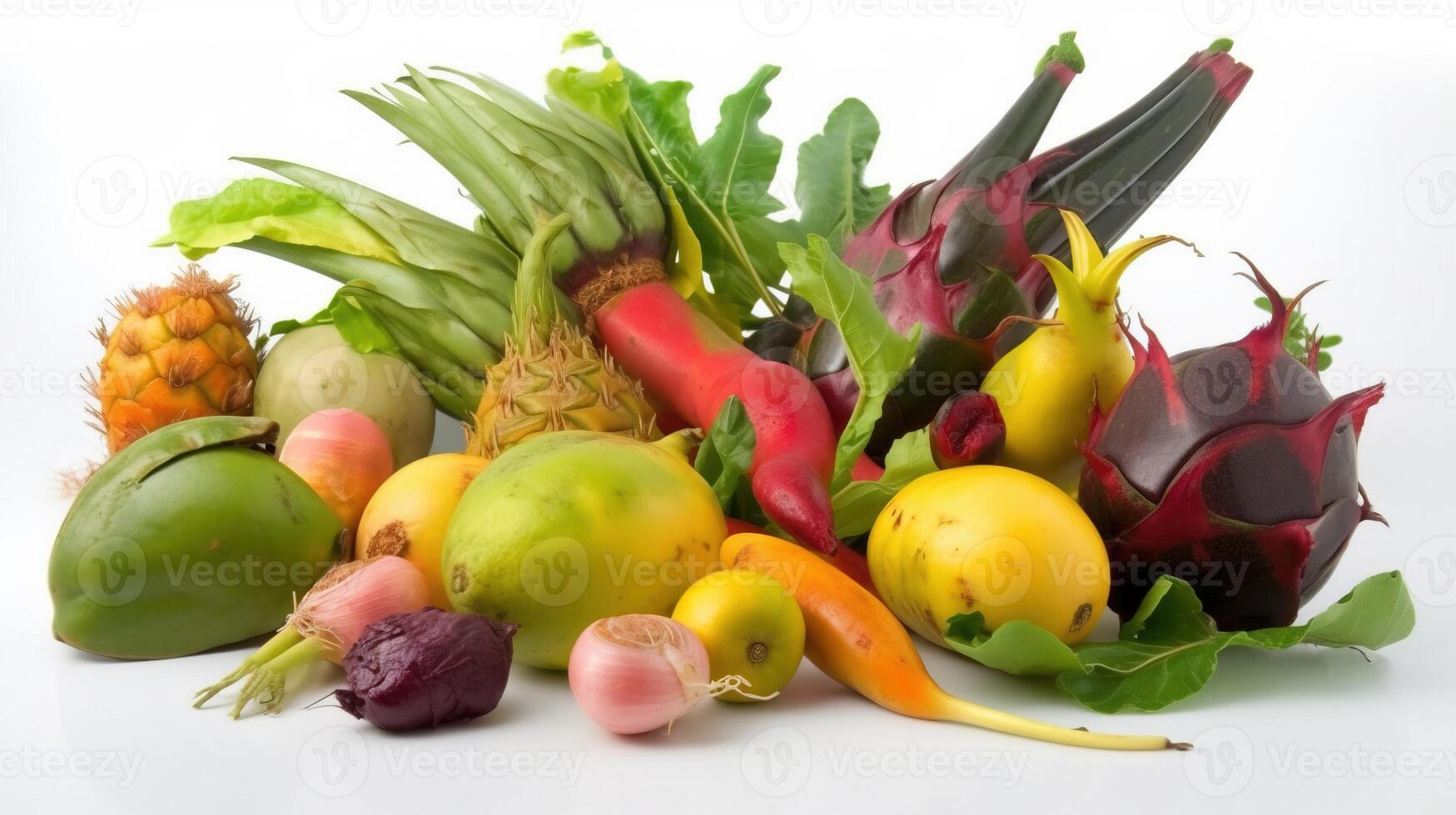 assorti exotique tropical des légumes sur blanc Contexte isoler. ferme des produits pour le magasin. ai généré. photo