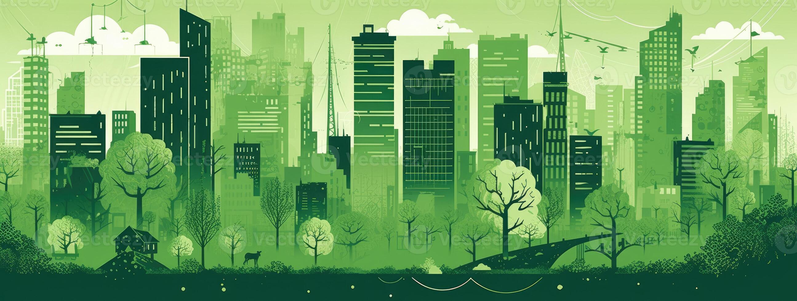 paysage urbain avec bâtiments et rue dans plat style. style énergétique vert Terre avec bâtiments et rue panneaux, Créatif Chambre des communes attribution, vivant matériaux. génératif ai photo