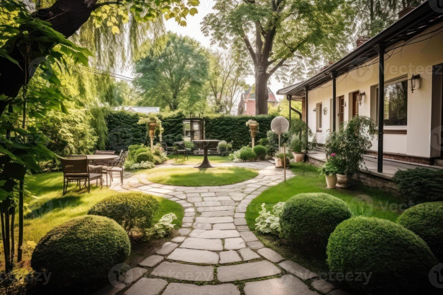 chemin de des pierres aménagement paysager dans le Cour vert des arbres et pelouse génératif ai photo