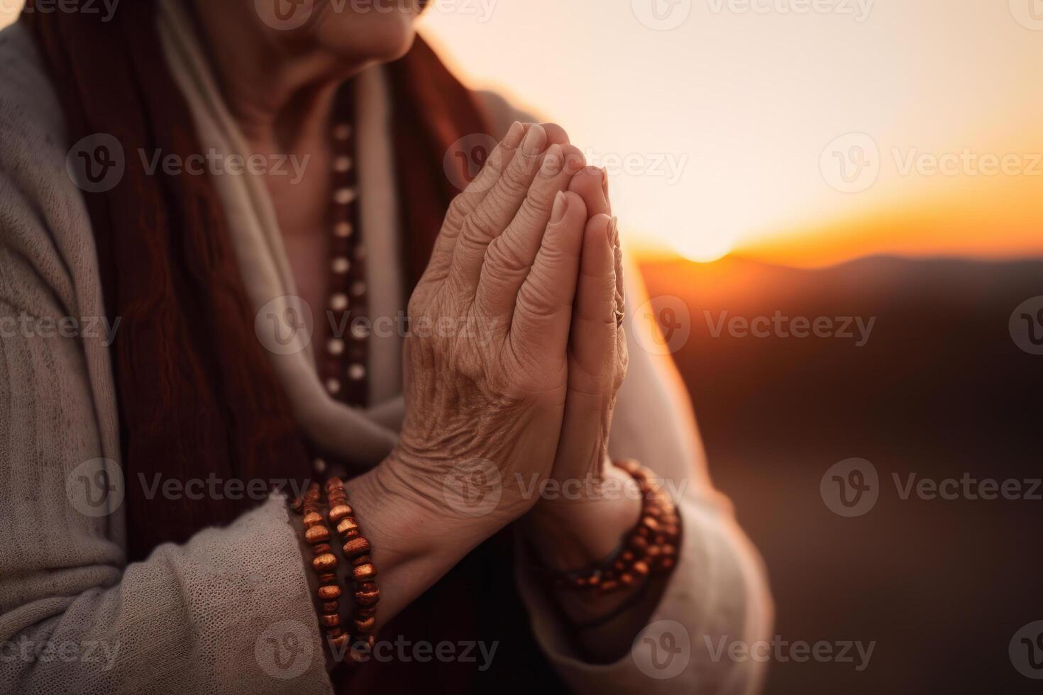 femme main demander Dieu pour le pardon, prière à le Seigneur génératif ai photo