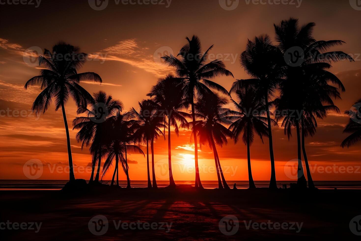 paume des arbres sur le plage à le coucher du soleil. ai généré photo