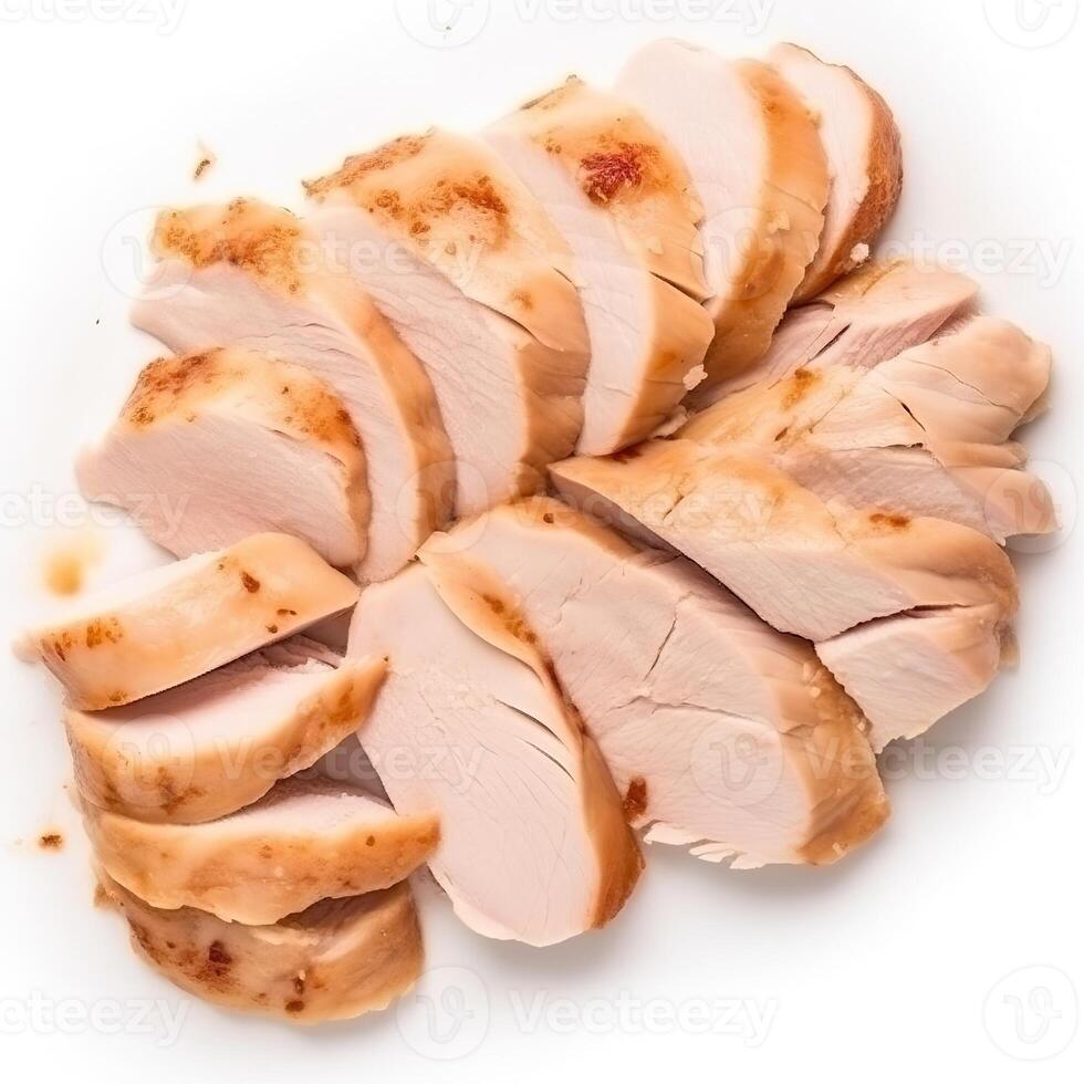 tranches de poulet Viande nourriture isolé image pour moquer en haut illustration encore image blanc Contexte avec génératif ai photo