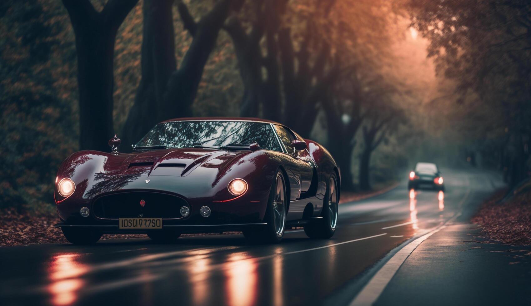 illustration de une sport voiture sur une solitaire route avec une vue de des arbres ,génératif ai photo