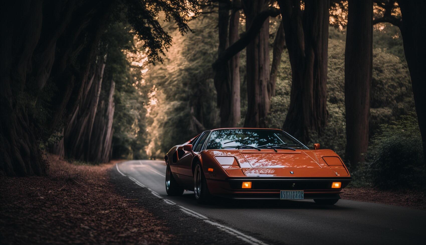 illustration de une sport voiture sur une solitaire route avec une vue de des arbres ,génératif ai photo