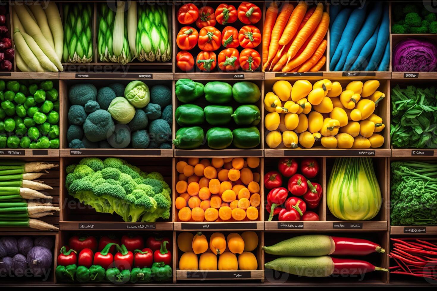 génératif ai illustration de légume agriculteur marché compteur coloré divers Frais biologique en bonne santé des légumes à épicerie magasin. en bonne santé Naturel nourriture concept photo