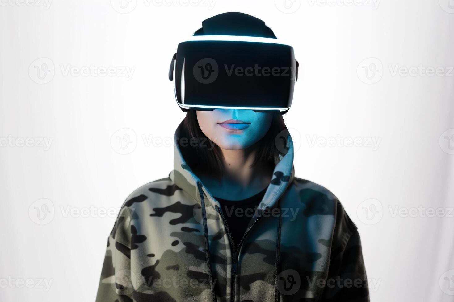 une femme portant une virtuel réalité casque photo