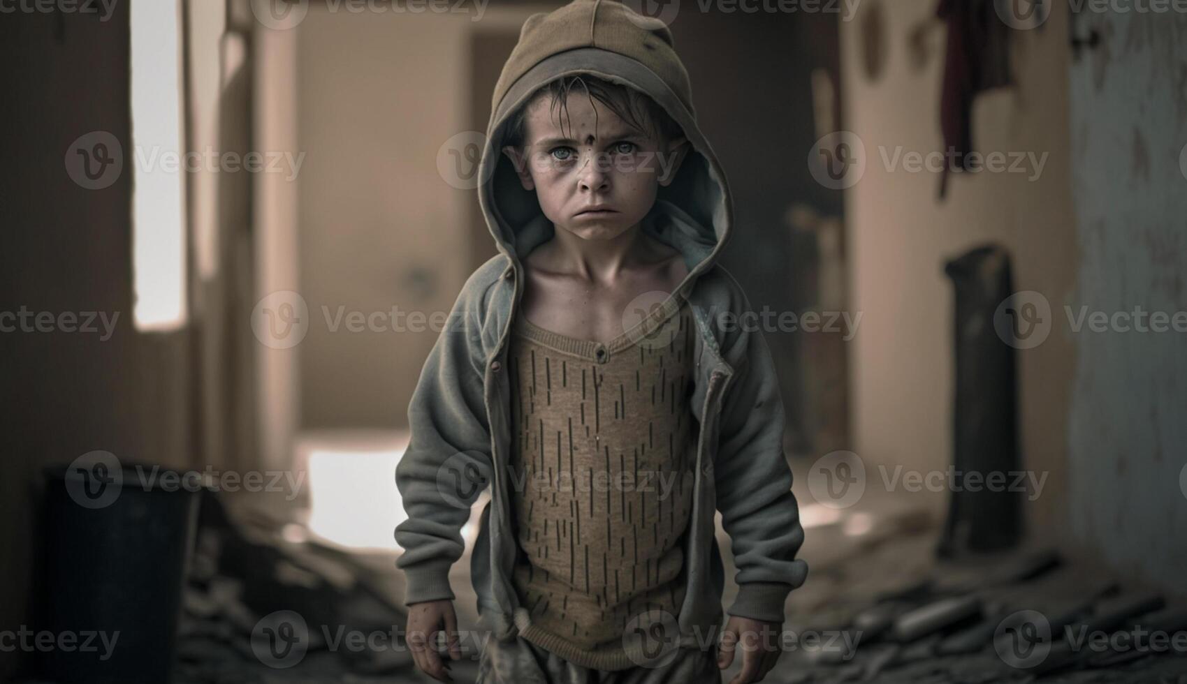 sans abri les enfants de guerre victimes, petit les enfants avec triste expressions, génératif ai photo