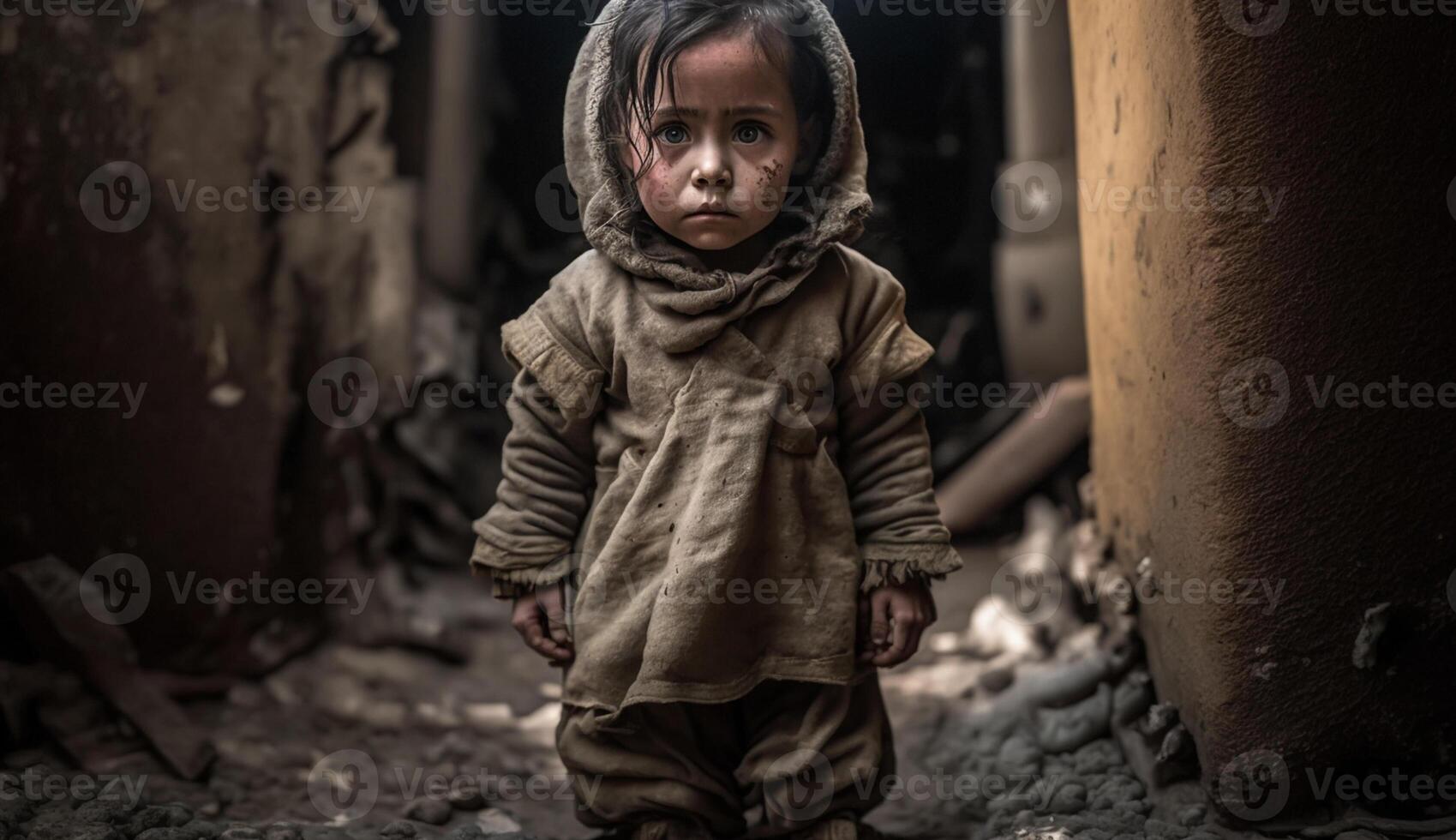 sans abri les enfants de guerre victimes, petit les enfants avec triste expressions, génératif ai photo