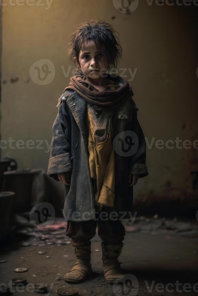 sans abri les enfants de guerre victimes, petit les enfants avec triste expressions, génératif ai photo