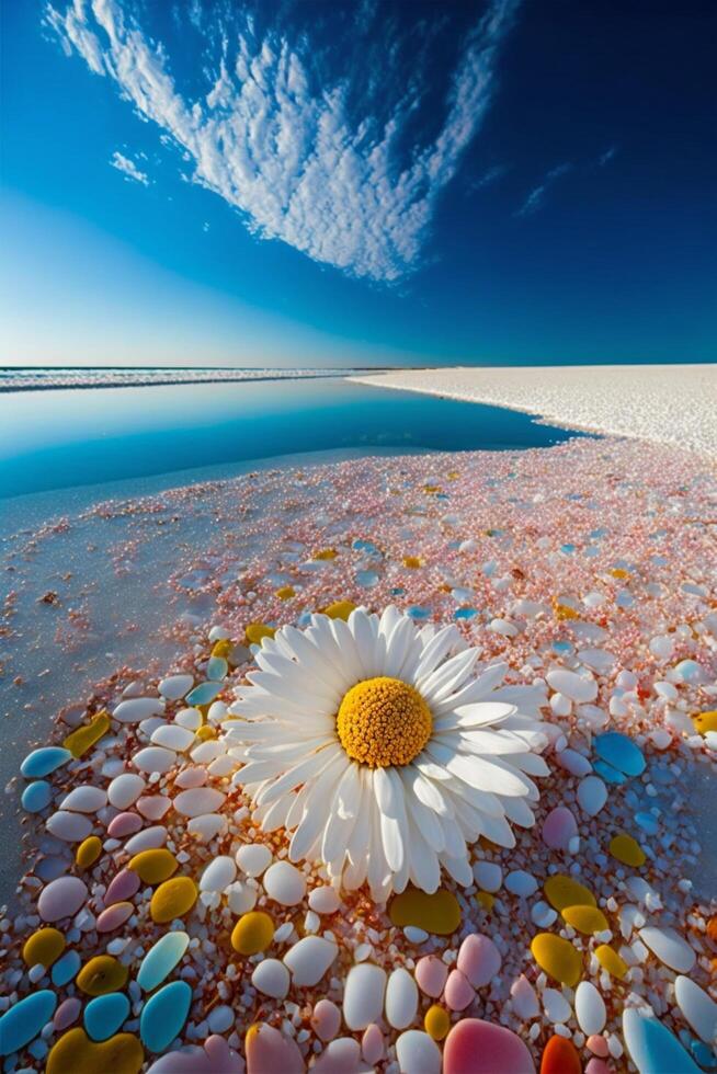 blanc fleur séance sur Haut de une sablonneux plage. génératif ai. photo