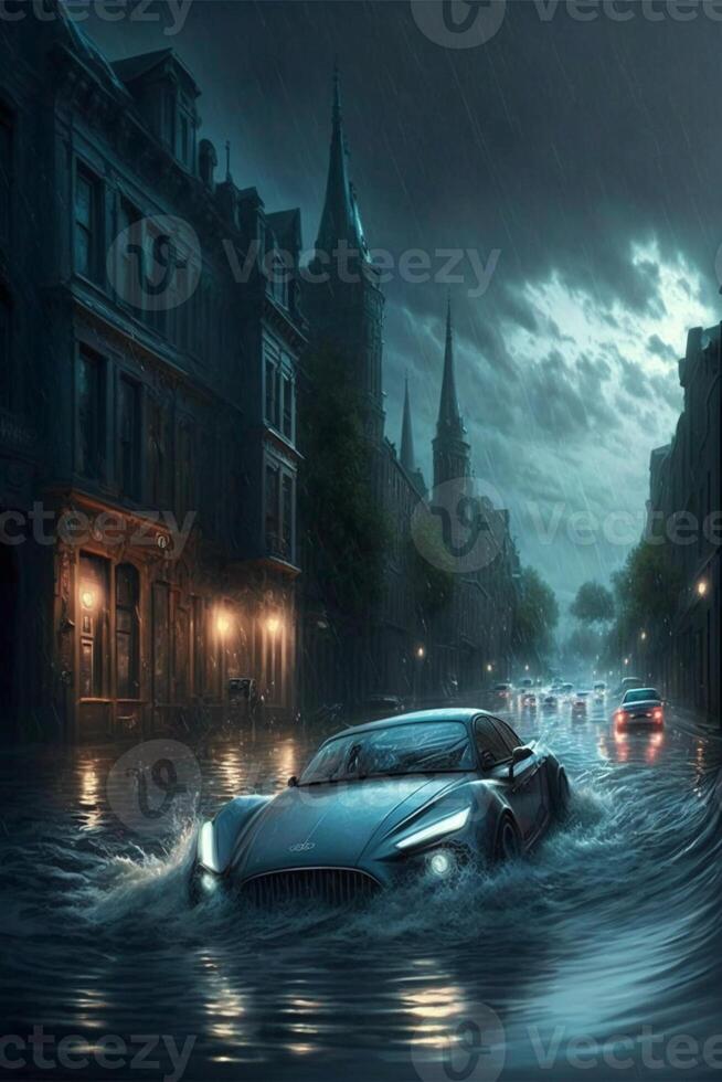 voiture est conduite par une inondé rue. génératif ai. photo