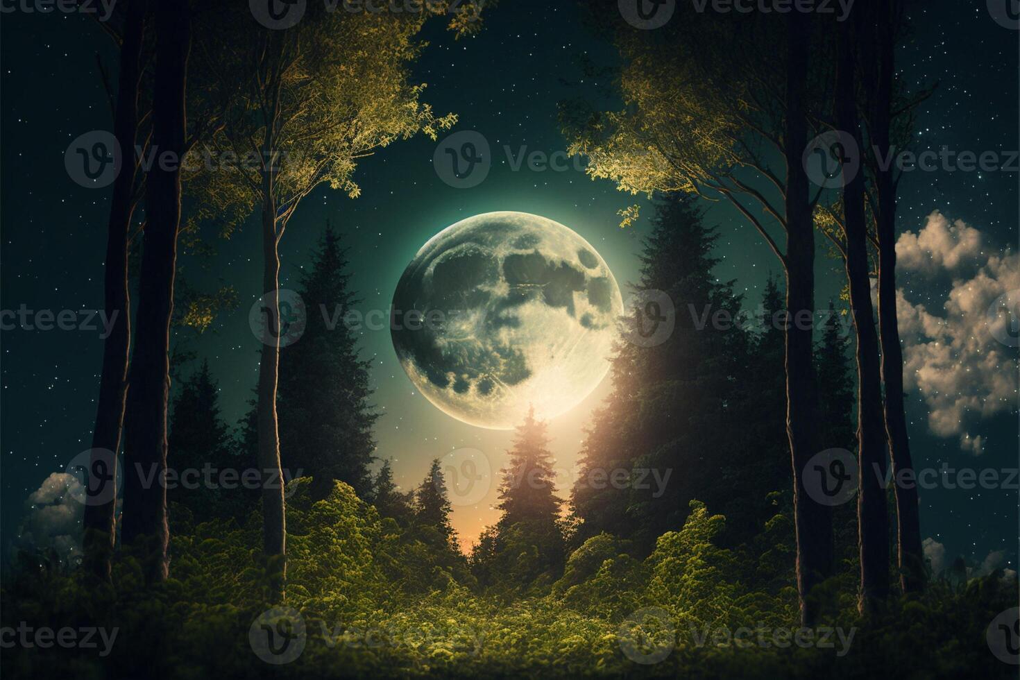 forêt avec grand lever de lune jardin. génératif ai photo