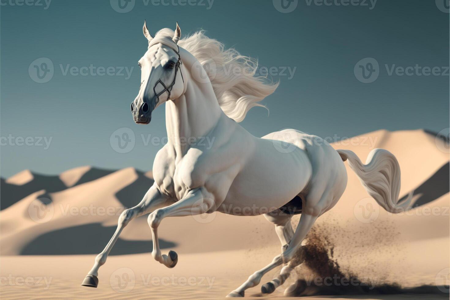 le galopant blanc cheval sur désert Contexte. génératif ai photo