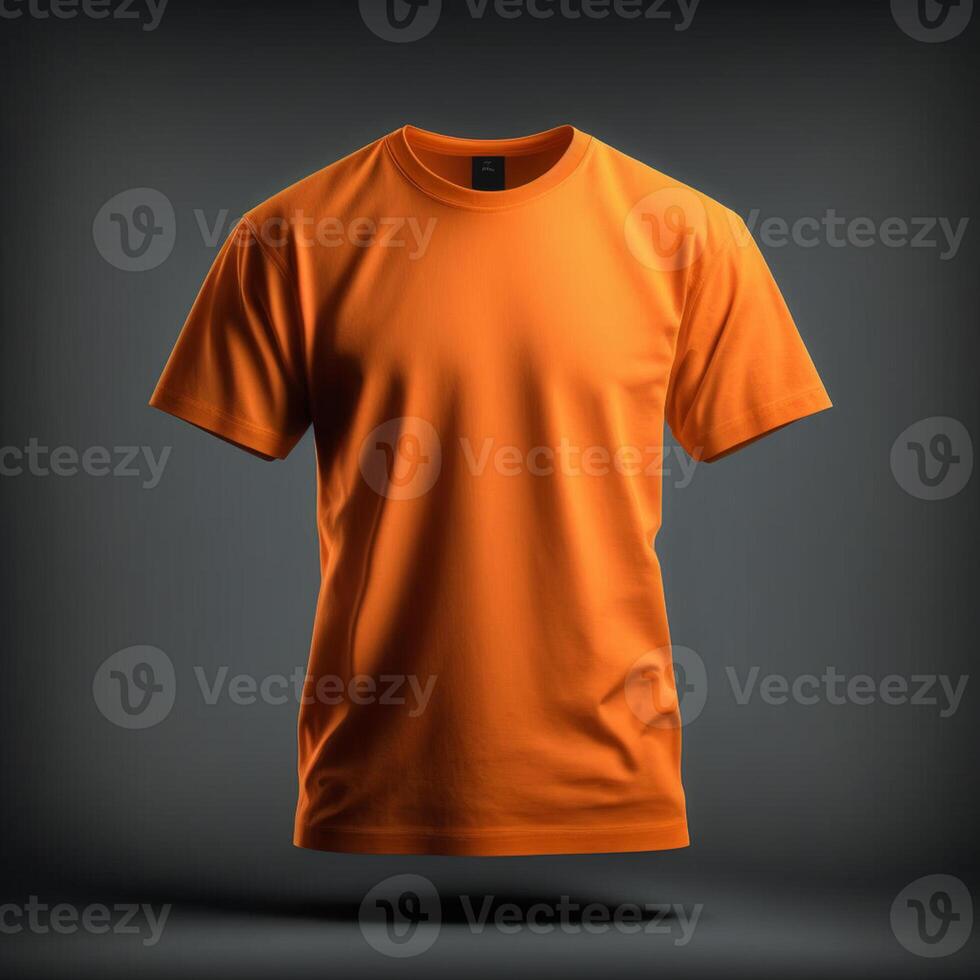 Vide Orange T-shirt maquette, fermer en haut Orange T-shirt sur foncé Contexte ,génératif ai photo