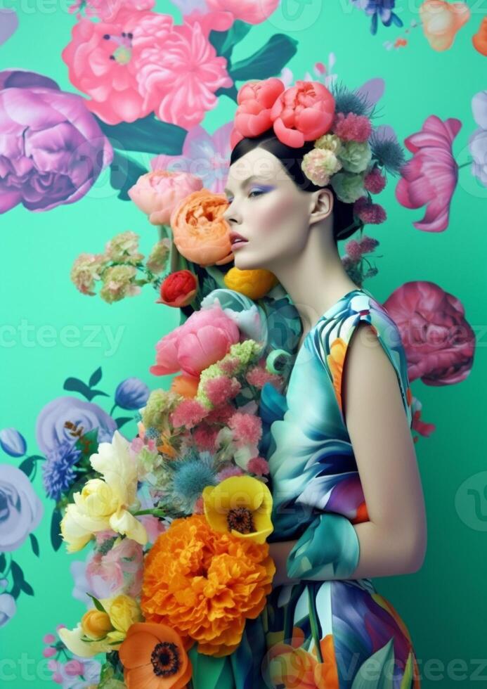 ai généré femme avec fleurs, printemps concept photo