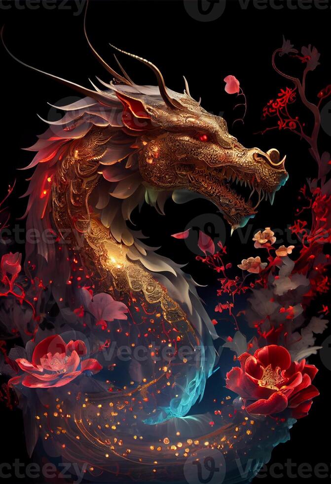 une rouge or chinois dragon. génératif ai photo