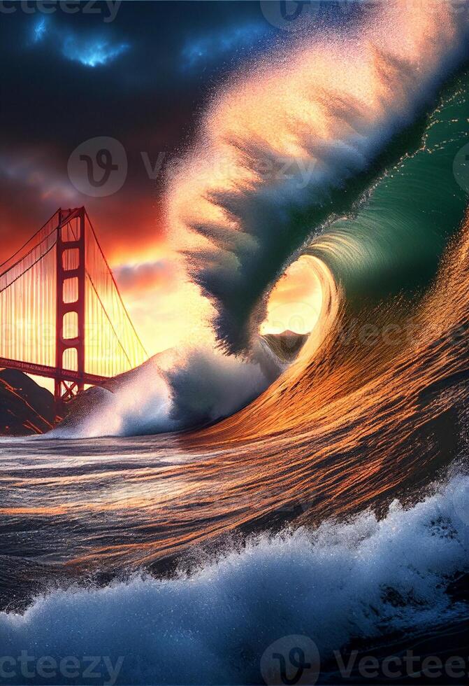 grand vague dans le océan avec une d'or porte pont dans le Contexte. génératif ai. photo