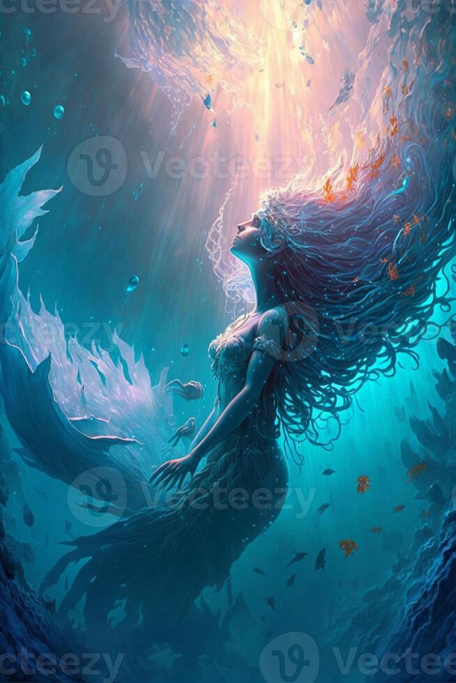 La peinture de une Sirène nager dans le océan. génératif ai. photo