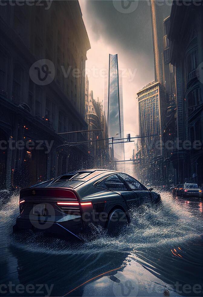 voiture conduite par une inondé ville à nuit. génératif ai. photo