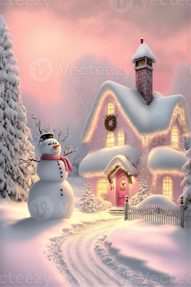 maison avec une bonhomme de neige dans de face de il. génératif ai. photo