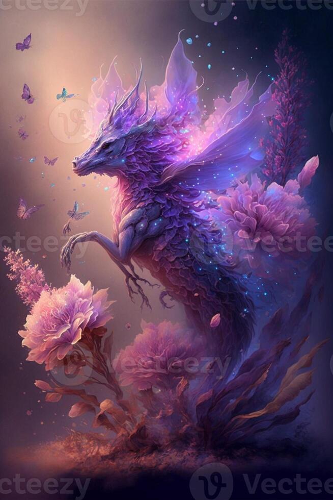 La peinture de une dragon entouré par fleurs. génératif ai. photo