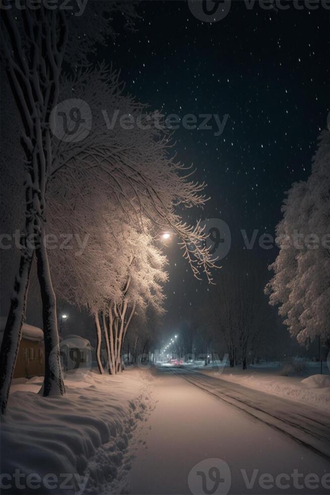 il a été une magnifique neigeux nuit. génératif ai. photo