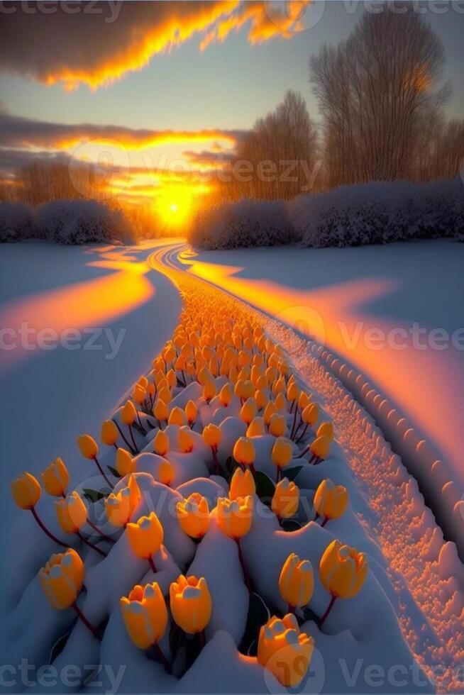 champ de tulipes dans le neige à le coucher du soleil. génératif ai. photo