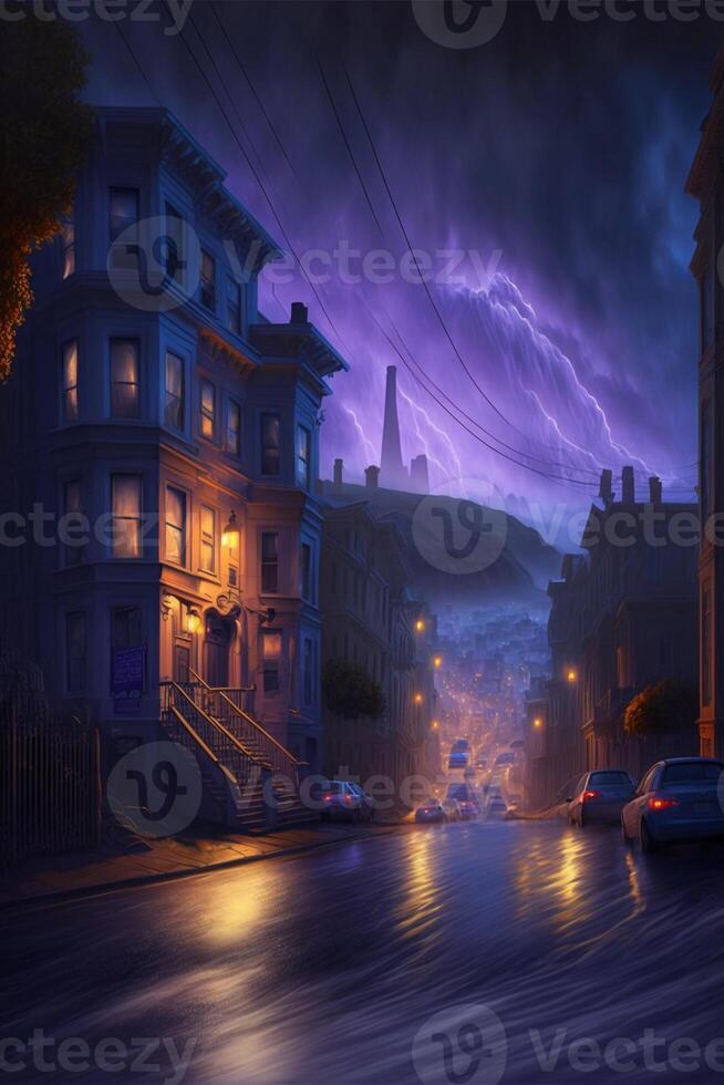 La peinture de une ville rue à nuit. génératif ai photo