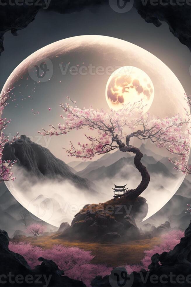 paysage en dessous de le lune une prune fleurir. génératif ai. photo